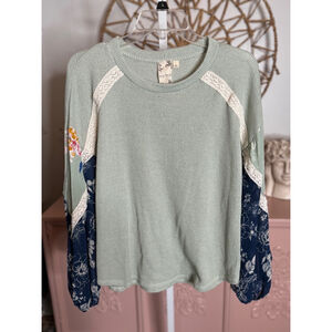 Floral Sleeve Sweater - Sage Green and Navy